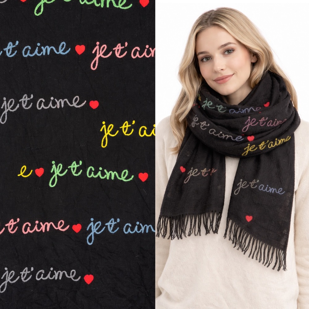Unbranded Je t'aime Scarf Wrap OS Black Cashmere Embroidered Heart Romantic